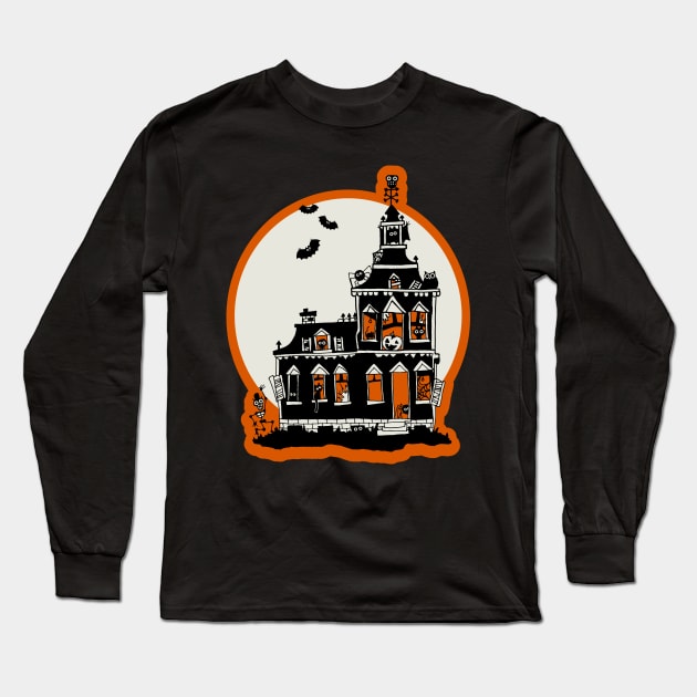 Vintage Style Haunted House - Happy Halloween Long Sleeve T-Shirt by prettyinink